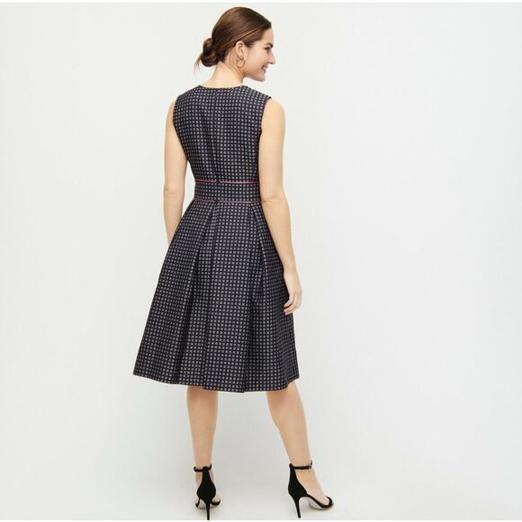 NWT J. Crew Navy Pink Pleated Full-skirt Jacquard Dress 00 Classy Career Retro - Picture 3 of 14